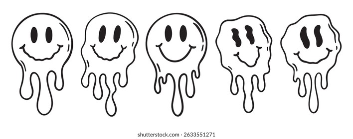 Melting smile retro vintage icon set. Outline psychedelic positive emoji sticker smile face melt logo. groovy good mood element. Vector illustration