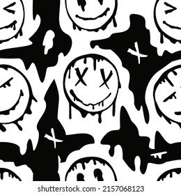 Melting smile seamless pattern. Set of psychedelic smiles and and blots on white background. Dripping smile. Good mood. Positive emoji. Molten. Sad face. Vector emoji.