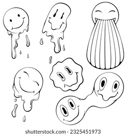 Melting smile set vintage. Hippie groovy smile character outline. Vector illustration in hand drawn sketch doodle style. Black graphic isolated on white. Dripping smile psychedelic collection