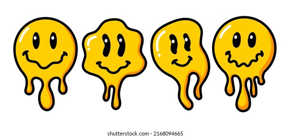 Melting smile set vintage illustration. Retro psychedelic melt emoji face. Dripping smile print collection. Vector groovy positive emoji sticker.