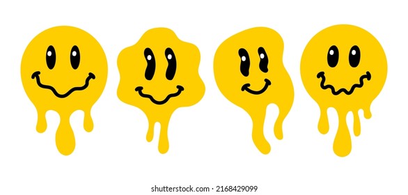 Melting smile set vintage illustration. Retro psychedelic melt emoji face. Dripping smile print collection. Vector groovy positive emoji sticker.