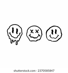 Melting smile set vintage illustration. Retro psychedelic melt emoji face. Dripping smile print collection. Vector groovy positive emoji sticker.