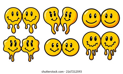 Melting smile vintage illustration. Retro psychedelic melt smile face logo. Dripping smile. Good mood. Positive emoji sticker. Vector groovy emoji face. Face symbol.