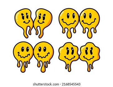 Melting smile vintage illustration. Retro psychedelic melt smile face logo. Dripping smile. Good mood. Positive emoji sticker. Vector groovy emoji face. Face symbol.