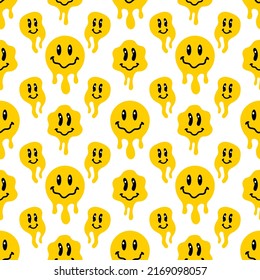 Melting smile yellow vintage seamless pattern. Retro psychedelic melt emoji face background. Dripping smile print. Vector groovy positive emoji illustration - Powered by Shutterstock - Get 15% off with code: PIKWIZARD15