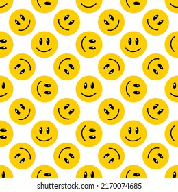 Melting smile yellow vintage seamless pattern. Retro psychedelic melt emoji face background. Dripping smile print. Vector groovy positive emoji illustration