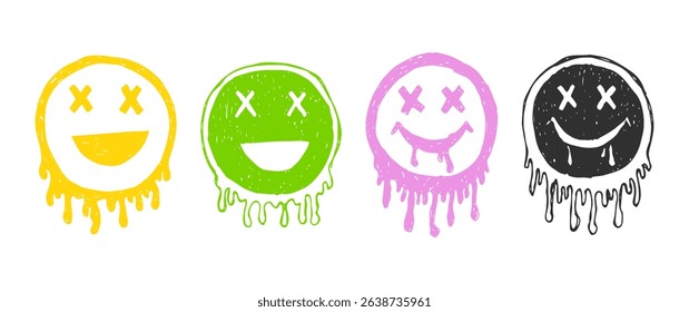 Melting smiley face icons, grunge, trippy, distressed emotions graffiti art.