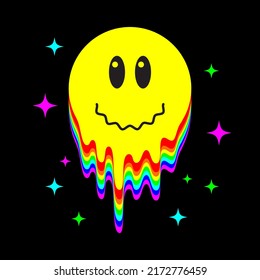 Melting smiley face, trippy sticker. Acid rave isolated object for poster, graphic tee print, card. aesthetic.