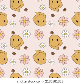 Melting smiling faces with flowers seamless pattern. Retro vintage color palette. Hand drawn abstract vector design, melt texture