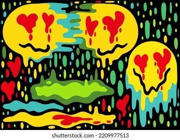 Melting smiling faces glued together, drops and puddles. Vector illustration isolated on black background. Psychedelic concept. Codependency.