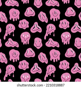 Melting smiling faces seamless pattern. Pink colorful groovy emoji, dripping melty characters. Crazy smile vintage background, hippie psychedelic print. Vector cartoon flat illustration