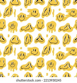 La fusión de caras sonrientes es un patrón sin fisuras. Emoji amarillo y colorido, que gotea de personajes melosos. Sonrisa loca de fondo vintage, hippie huella psicodélica. Ilustración plana de dibujos animados