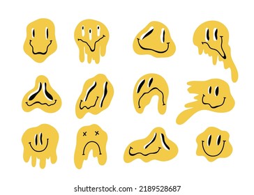 Rodeando caras sonrientes. Emoji amarillo y colorido, que gotea de personajes melosos. Elementos vintage de una sonrisa loca, objetos psicodélicos hippies para la decoración. Ilustración aislada de dibujos animados de estilo plano