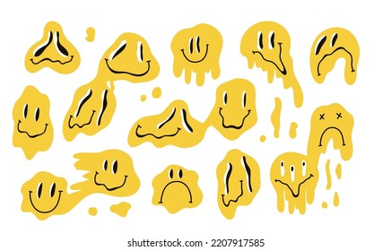 Melting smiling faces. Yellow colorful groovy emoji, dripping melty characters. Crazy smile vintage elements, hippie psychedelic objects for decor. Vector cartoon flat style isolated illustration