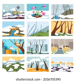 Melting snow and blooming flora, spring awakening and revival of nature. Scenery of landscapes and cityscapes. Crocus and forest with rivers and ice. Nesting birds in city. Vector in flat style