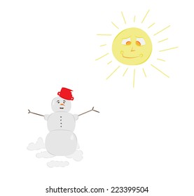 Melting Snow Man And Sun, Isolated, Vector