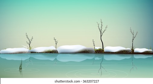 Melting Snow On The River Bank With Catkin Tree Sprouts, Catkin Trees Near The Pond With Crystal Clean Water Reflection, Nature Beauty Macro Vector 