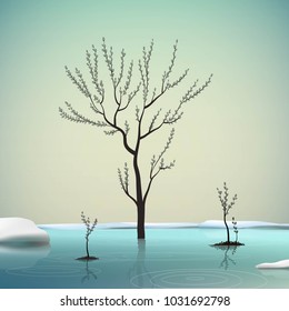 melting snow and sprout catkin trees in spring clean cold water, spring come, spring nature beauty vector 