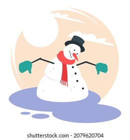 Melting snowman illustration. The snowman melts in the sun. Vector illustration