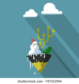 A melting snowman on a piece of land.  From the snowman grows a scheme. Vector illustration.