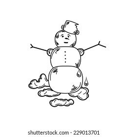 melting snowman on white background, isolated, vector, sketch