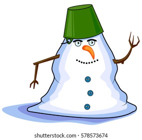 Melting Snowman in spring, vector illustration