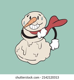 Melting snowman in spring. Vintage toons: funny character, vector illustration trendy classic retro cartoon style 30s.