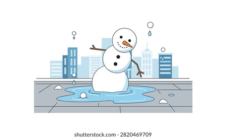 Melting snowman standing in a puddle of water against a city skyline backdrop.