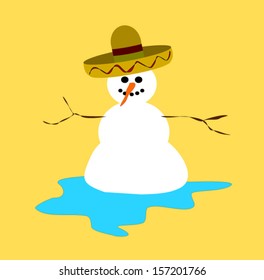 melting snowman wearing sombrero