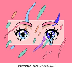 Melting and sparkling anime eyes. City pop and vaporwave aesthetics illustration.