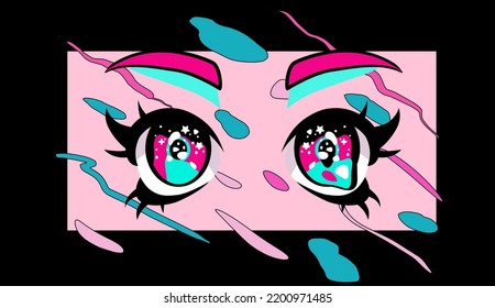 Melting and sparkling anime eyes. City pop and vaporwave aesthetics illustration.