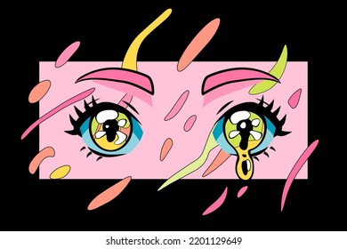 Melting and sparkling anime eyes. City pop and vaporwave aesthetics illustration.