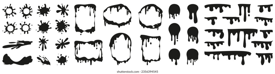 Melting or splashing fluid texture collection. Liquid dripping element. Melting paint, liquid drops black oil