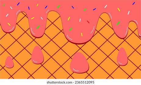 Melting strawberry ice cream background with waffle and sprinkle