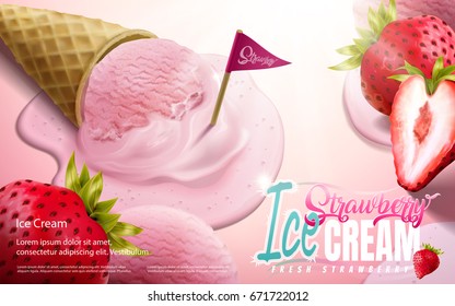 Melting strawberry ice cream cone with delicious fruit flesh isolated on pink background in 3d illustration