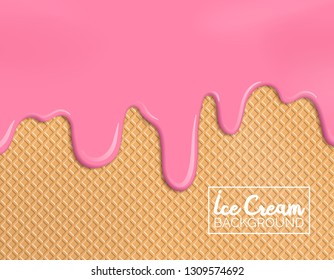 melting strawberry ice cream on wafer background