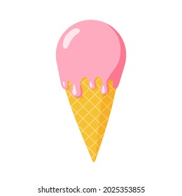 Melting strawberry ice cream in waffle cone. Flat style Isolated vector illustration for web design or print