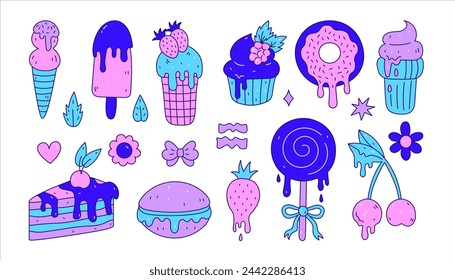 Melting sweet food doodle vector set. Collection of hand drawn desserts. Isolated colorful illustrations of cake ice cream donut makaron capcake fruit. Purple color. 90s y2k clipart