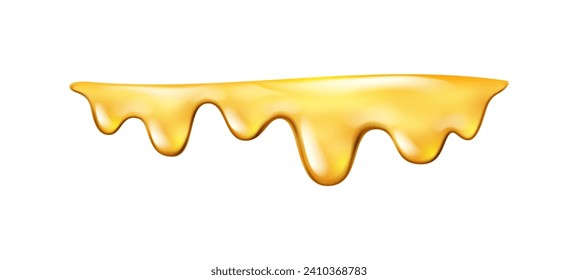 Melting sweet nectar or dripping honey with drops. Vector isolated amber yellow liquid, sticky oily essence or oil flowing with droplets. Juice or mead sprinkles