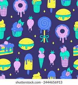 Melting sweets colorful doodle seamless pattern. Modern 90s y2k food repeat vector illustration. Flowing desserts with liquid cream glaze berries and fruits. Cartoon eatery background