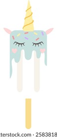 Melting turquoise unicorn popsicle resting on a white background, featuring closed eyes, playful hearts, and a delightful sprinkle of colorful confetti, radiating sweetness