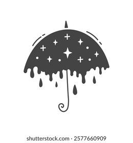 Melting Umbrella with stars Illustration. Vector accessory with dripping night sky texture. Doodle style parasol. Magic Celestial Surreal symbol