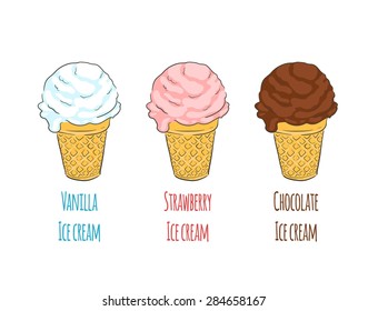 Melting vanilla, strawberry and chocolate ice cream in a waffle cone. Isolated with the inscription