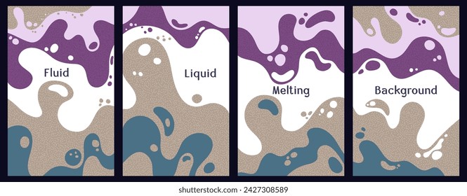 Fusión de vibrantes olas patrón de las portadas de verano. Cubiertas de la caja del vector de salpicaduras y flujos de burbuja. Líquido fluido que fluye patrones de pintura. Folletos ondulados en superficie. Burbujas de líquido, formas de fusión