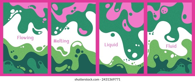 Melting vibrant waves pattern summer front pages. Bubble splashes and streams vector templates set. Fluid liquid flowing paint patterns. Wavy surface leaflets. Fluid droplets, melting shapes