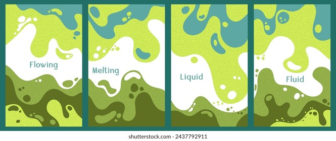 Melting vibrant waves pattern summer front pages. Bubble splashes and streams vector pack box covers. Fluid liquid flowing paint flyers. Wavy surface brochures. Fluid droplets, melting shapes