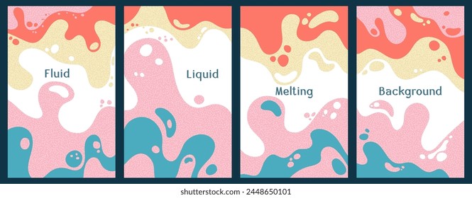 Melting vibrant waves pattern summer front pages. Bubble splashes and streams vector templates set. Fluid liquid flowing paint flyers. Wavy surface posters. Liquid droplets, melting shapes