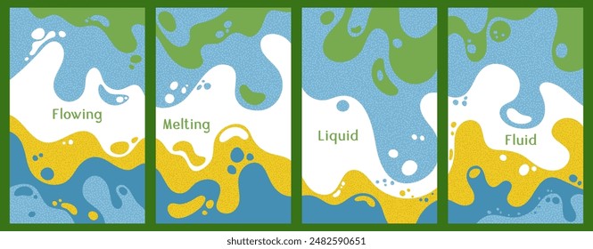 Melting vibrant waves pattern summer front pages. Bubble splashes and streams vector templates set. Fluid liquid flowing paint flyers. Wavy surface leaflets. Liquid droplets, melting shapes