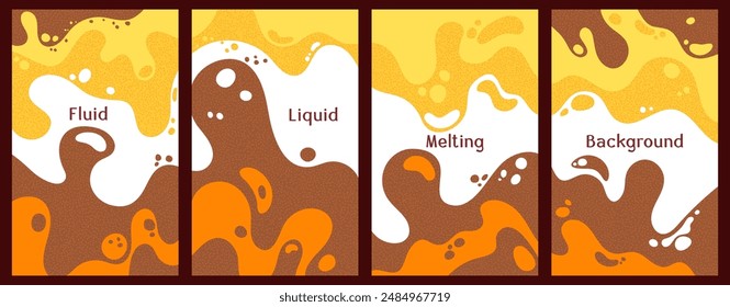 Melting vibrant waves pattern summer front pages. Bubble splashes and streams vector templates set. Fluid liquid flowing paint backgrounds. Wavy surface posters. Fluid droplets, melting shapes