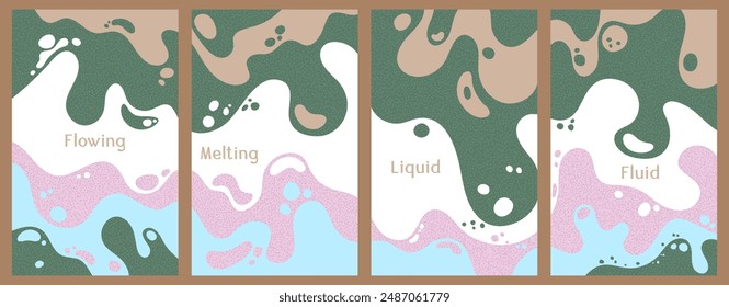 Melting vibrant waves pattern summer front pages. Bubble splashes and streams vector pack box covers. Fluid liquid flowing paint flyers. Wavy surface posters. Fluid with bubbles, melting shapes